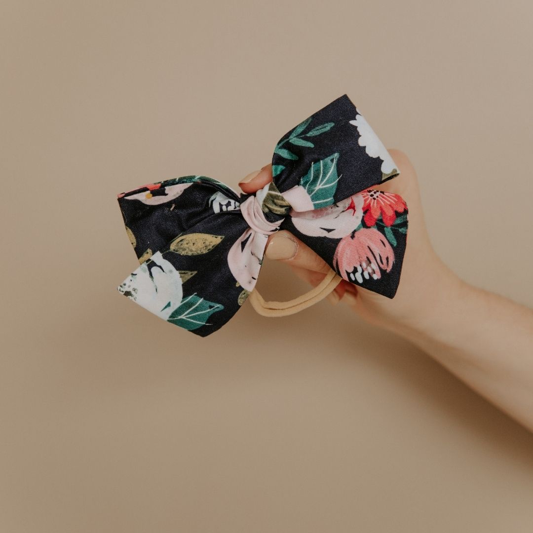 Floral bow headband in navy