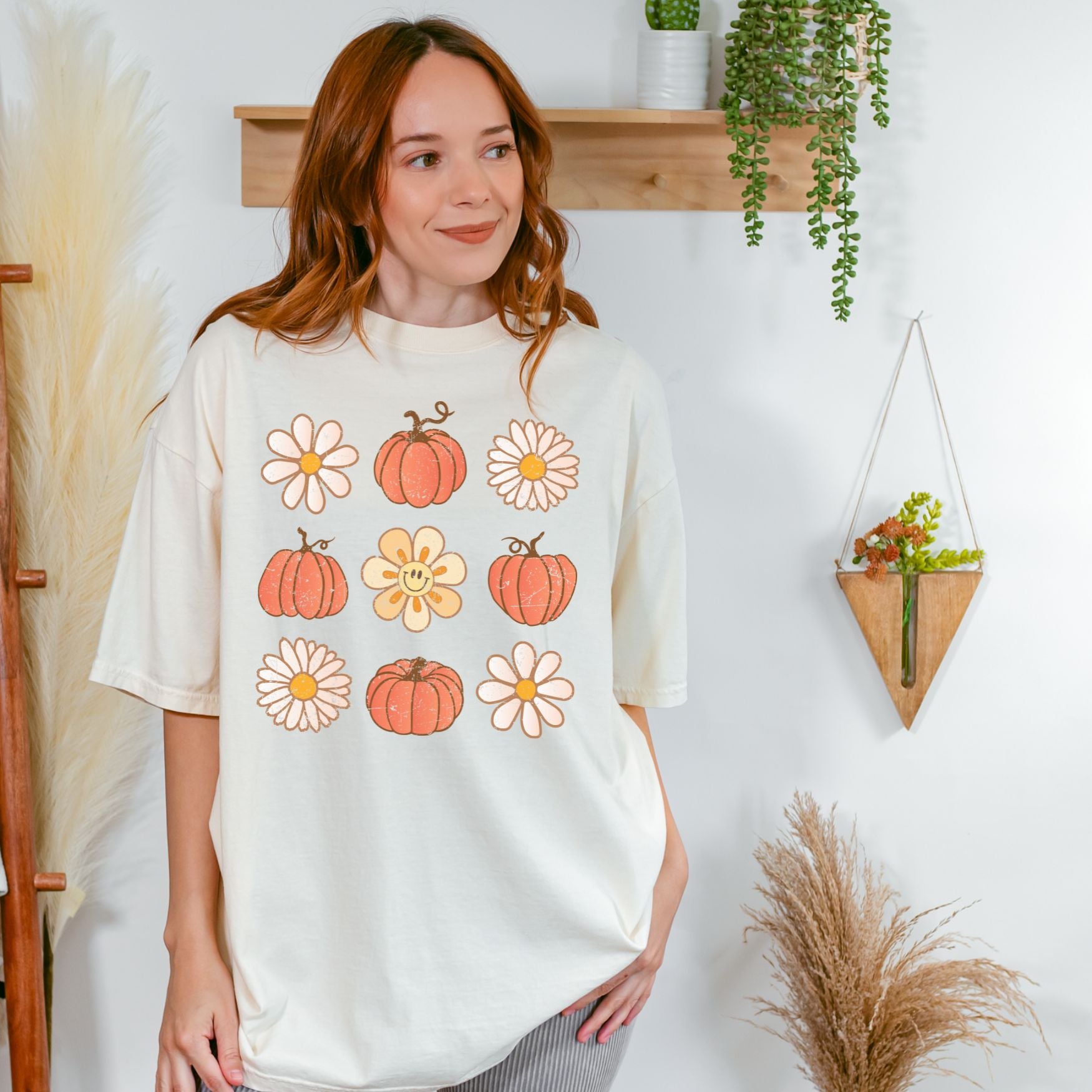 Flowers and Pumpkins Tee on Ivory - Adult