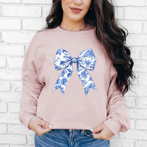 Blue Floral Bow Crewneck - Adult