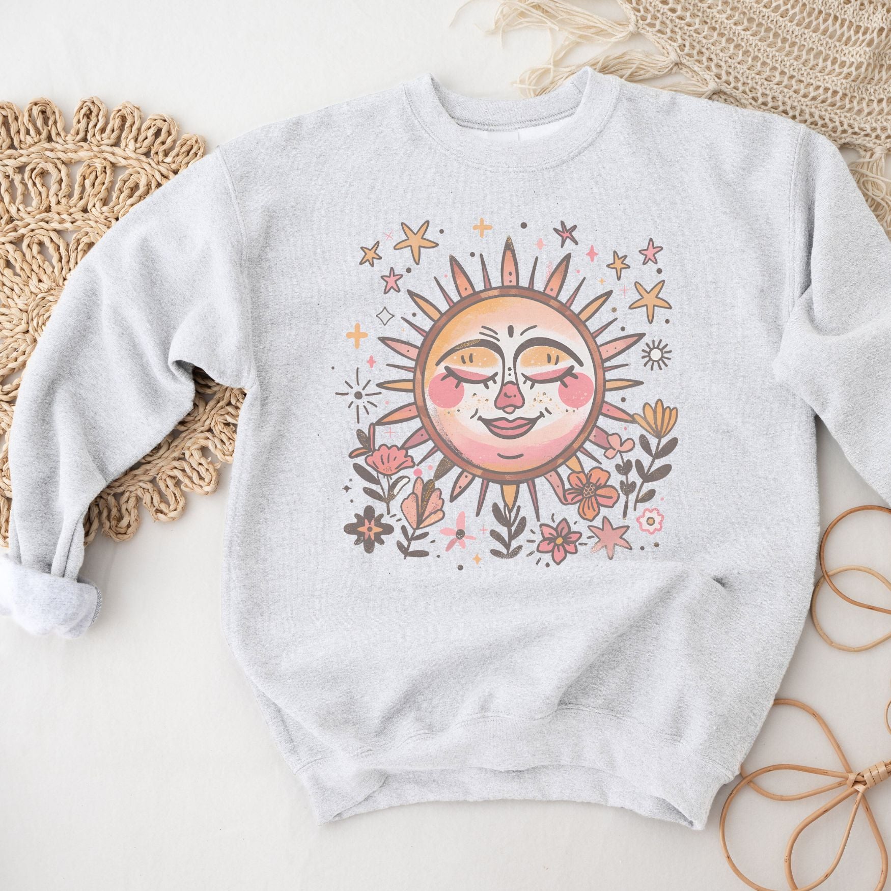 Boho Sun Crewneck Sweatshirt, Womenswear Soft Printed Sweatshirt, Trendy Cozy Oversized Top