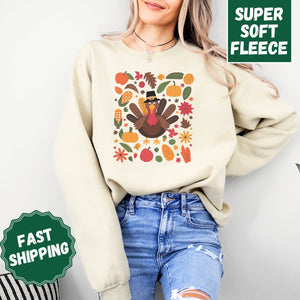 Turkey Floral Crewneck Sweatshirt, Womenswear Thanksgiving Soft Printed Sweatshirt, Cozy Holiday Oversized Top