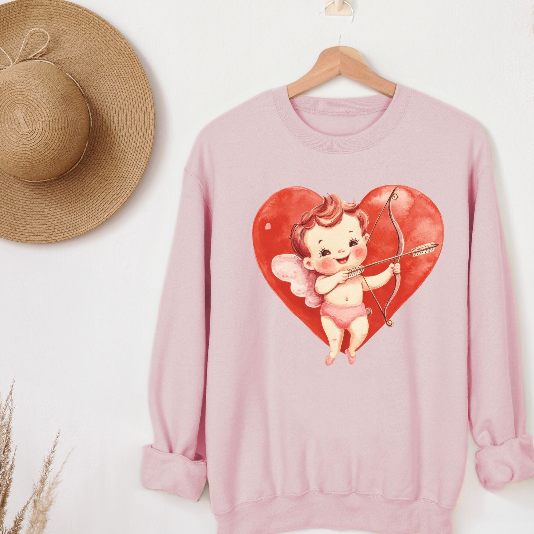 Cupid Heart Crewneck Sweatshirt, Womenswear Valentine's Day Soft Printed Sweatshirt, Cozy Love Day Oversized Top