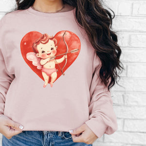 Cupid Heart Crewneck Sweatshirt, Womenswear Valentine's Day Soft Printed Sweatshirt, Cozy Love Day Oversized Top