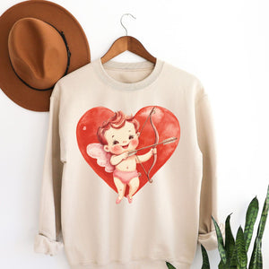 Cupid Heart Crewneck Sweatshirt, Womenswear Valentine's Day Soft Printed Sweatshirt, Cozy Love Day Oversized Top