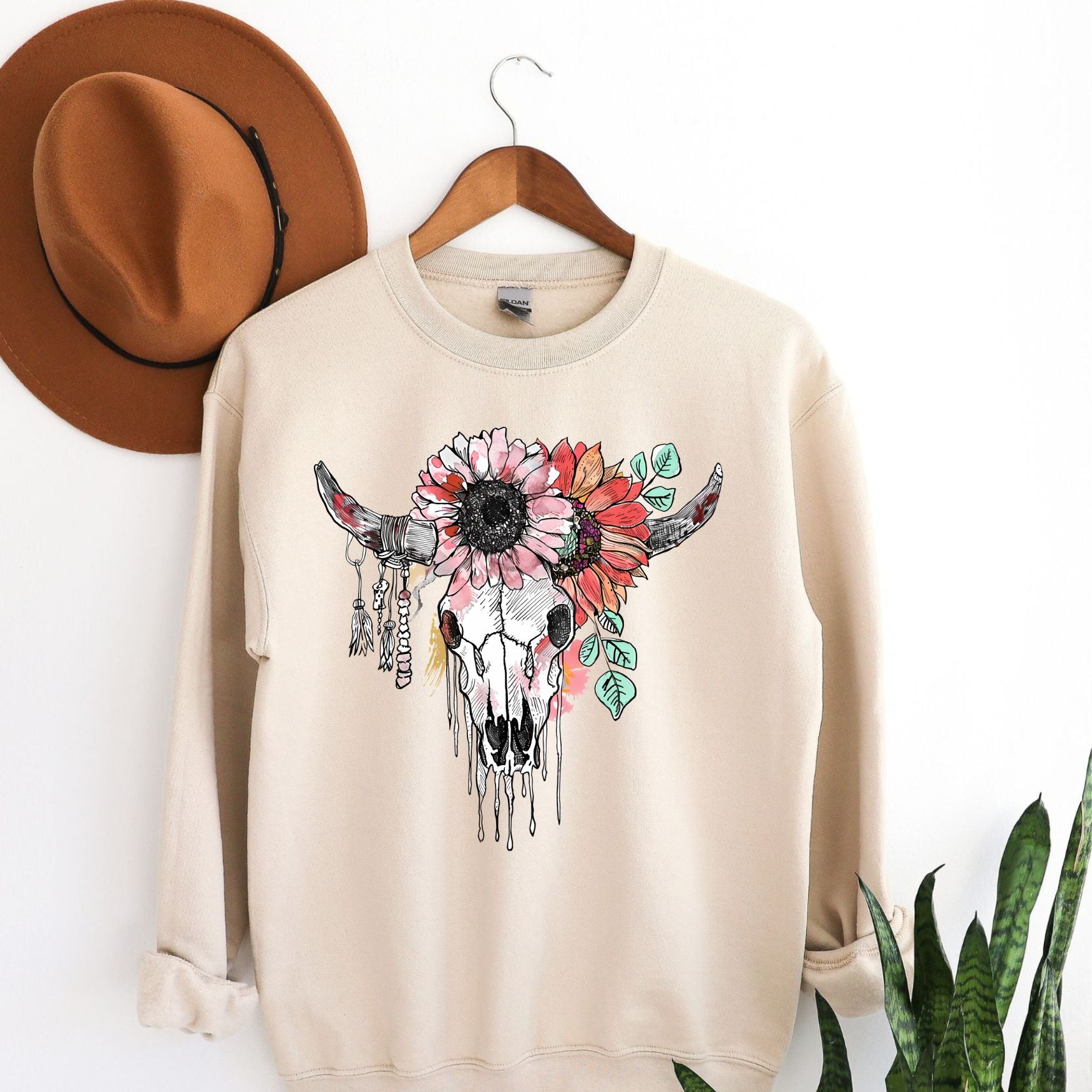 Floral Skull Crewneck Sweatshirt, Womenswear Soft Printed Sweatshirt, Mom Trendy Cozy Oversized Top