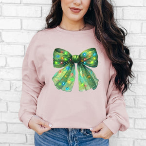 Green Christmas Lights Bow Crewneck, Womenswear Christmas Soft Printed Sweatshirt, Fuzzy Holiday Oversized Top