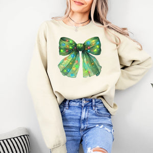 Green Christmas Lights Bow Crewneck, Womenswear Christmas Soft Printed Sweatshirt, Fuzzy Holiday Oversized Top