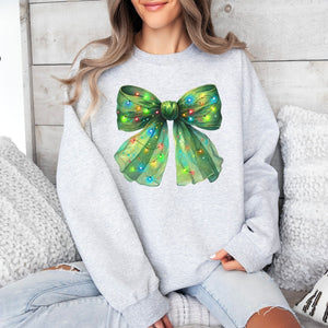 Green Christmas Lights Bow Crewneck, Womenswear Christmas Soft Printed Sweatshirt, Fuzzy Holiday Oversized Top