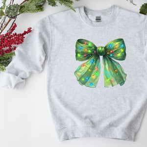 Green Christmas Lights Bow Crewneck, Womenswear Christmas Soft Printed Sweatshirt, Fuzzy Holiday Oversized Top