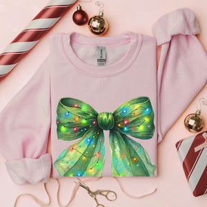 Green Christmas Lights Bow Crewneck, Womenswear Christmas Soft Printed Sweatshirt, Fuzzy Holiday Oversized Top