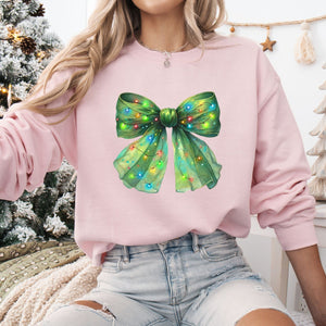 Green Christmas Lights Bow Crewneck, Womenswear Christmas Soft Printed Sweatshirt, Fuzzy Holiday Oversized Top