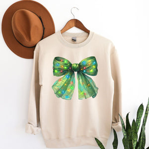 Green Christmas Lights Bow Crewneck, Womenswear Christmas Soft Printed Sweatshirt, Fuzzy Holiday Oversized Top