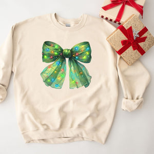 Green Christmas Lights Bow Crewneck, Womenswear Christmas Soft Printed Sweatshirt, Fuzzy Holiday Oversized Top