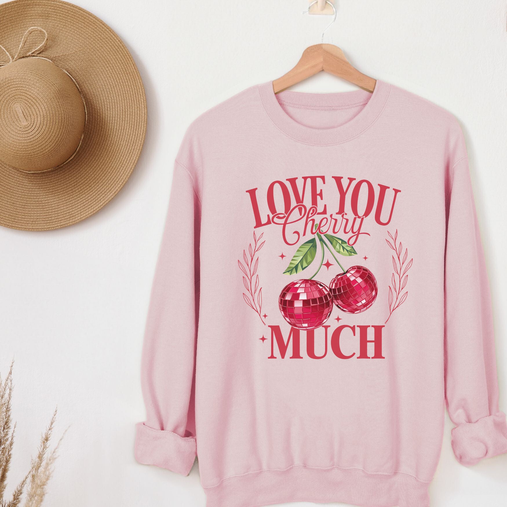 Love You Cherry Much Crewneck Sweatshirt, Womenswear Valentine's Day Soft Printed Sweatshirt, Cozy Love Day Oversized Top