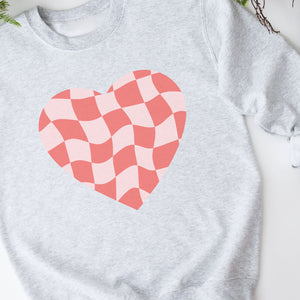 Checked Heart Crewneck Sweatshirt, Womenswear Valentine's Day Soft Printed Sweatshirt, Cozy Love Day Oversized Top