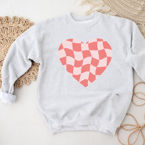 Checked Heart Crewneck Sweatshirt, Womenswear Valentine's Day Soft Printed Sweatshirt, Cozy Love Day Oversized Top