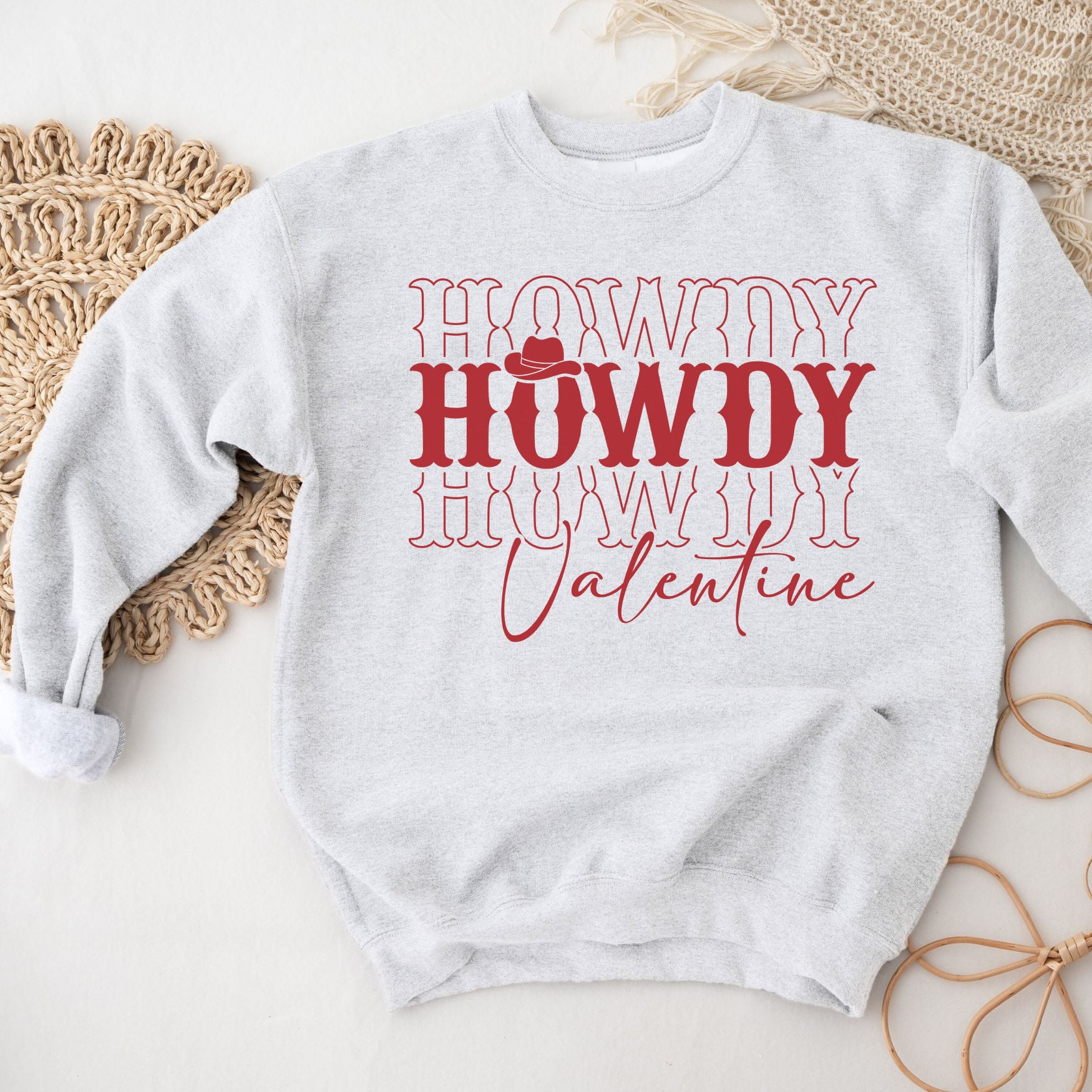 Howdy Valentine Crewneck Sweatshirt, Womenswear Love Day Soft Printed Sweatshirt, Cozy Love Day Oversized Top