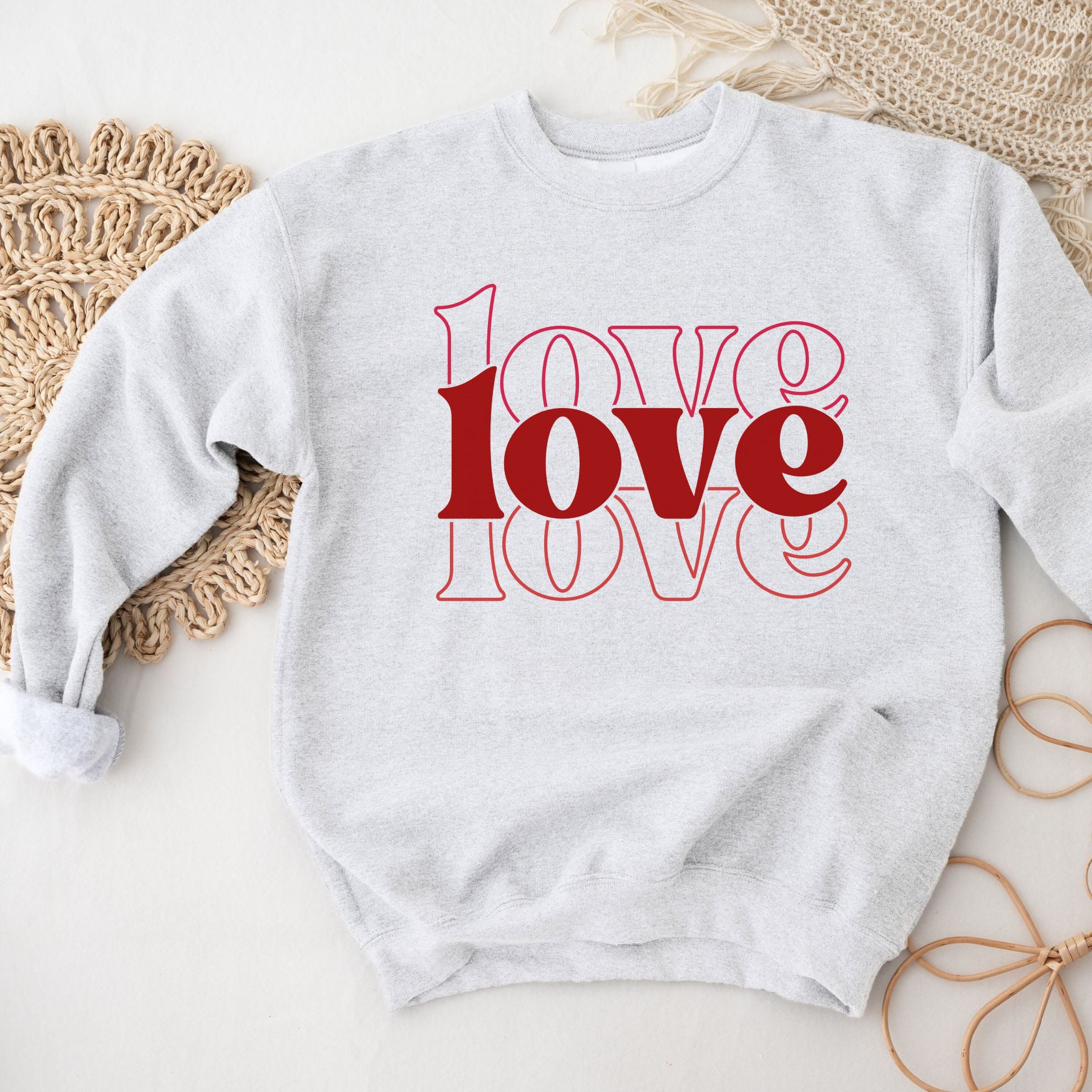 Triple Love Crewneck Sweatshirt, Womenswear Valentine's Day Soft Printed Sweatshirt, Cozy Love Day Oversized Top