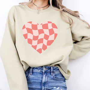 Checked Heart Crewneck Sweatshirt, Womenswear Valentine's Day Soft Printed Sweatshirt, Cozy Love Day Oversized Top