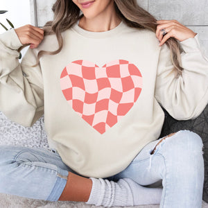 Checked Heart Crewneck Sweatshirt, Womenswear Valentine's Day Soft Printed Sweatshirt, Cozy Love Day Oversized Top