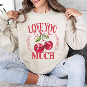 Love You Cherry Much Crewneck Sweatshirt, Womenswear Valentine's Day Soft Printed Sweatshirt, Cozy Love Day Oversized Top