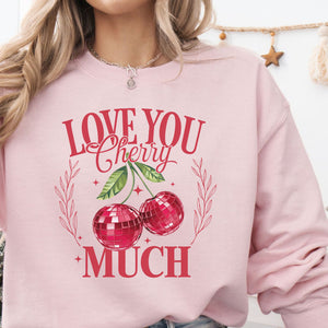 Love You Cherry Much Crewneck Sweatshirt, Womenswear Valentine's Day Soft Printed Sweatshirt, Cozy Love Day Oversized Top