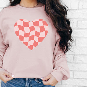 Checked Heart Crewneck Sweatshirt, Womenswear Valentine's Day Soft Printed Sweatshirt, Cozy Love Day Oversized Top