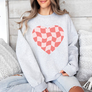 Checked Heart Crewneck Sweatshirt, Womenswear Valentine's Day Soft Printed Sweatshirt, Cozy Love Day Oversized Top