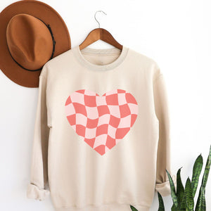 Checked Heart Crewneck Sweatshirt, Womenswear Valentine's Day Soft Printed Sweatshirt, Cozy Love Day Oversized Top