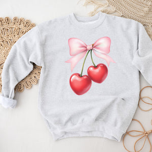 Heart Cherries Crewneck Sweatshirt, Womenswear Valentine's Day Soft Printed Sweatshirt, Cozy Love Day Oversized Top