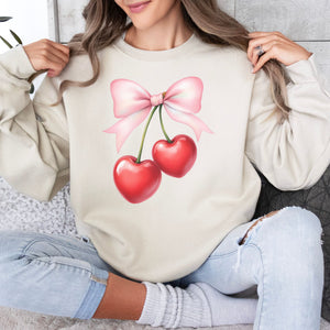 Heart Cherries Crewneck Sweatshirt, Womenswear Valentine's Day Soft Printed Sweatshirt, Cozy Love Day Oversized Top