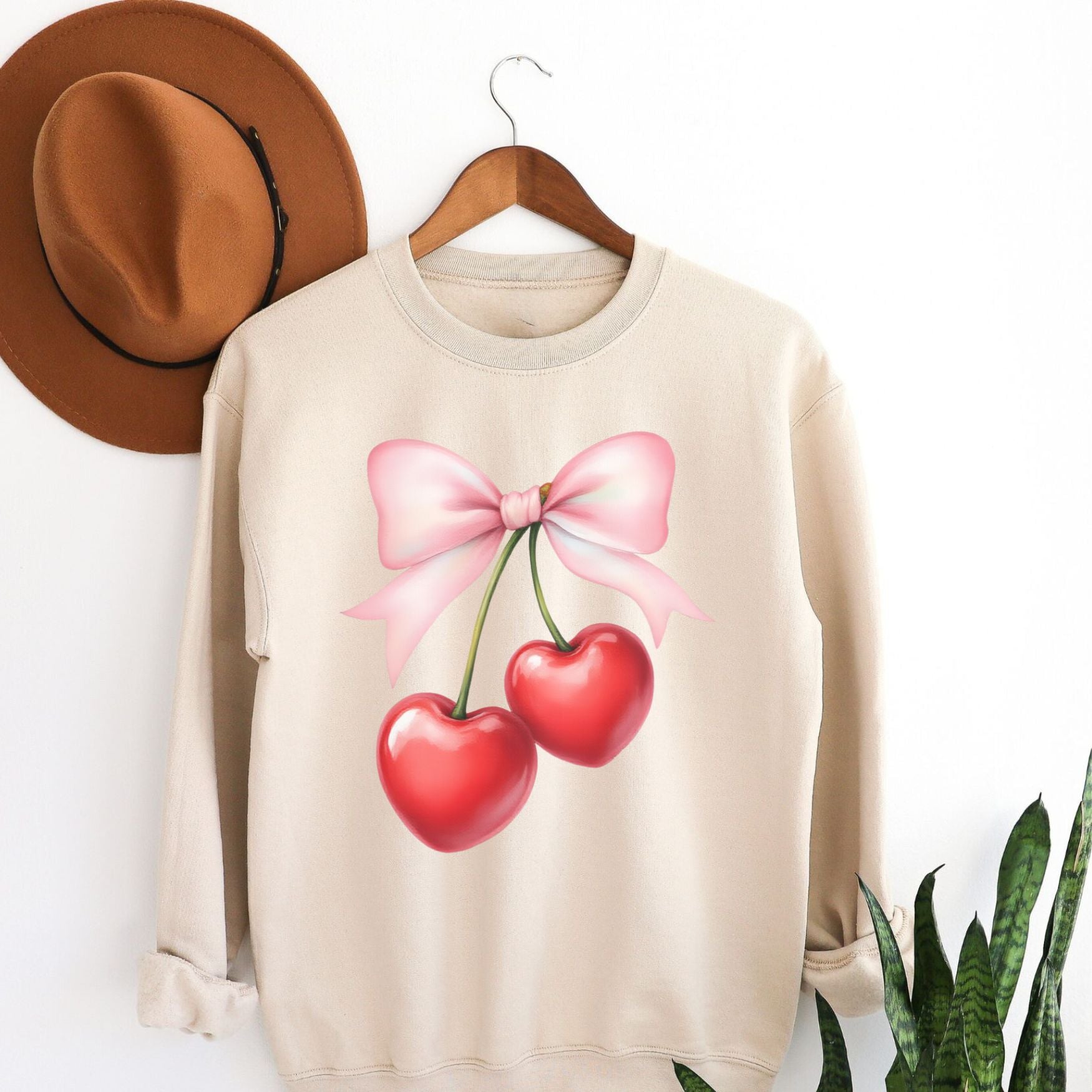 Heart Cherries Crewneck Sweatshirt, Womenswear Valentine's Day Soft Printed Sweatshirt, Cozy Love Day Oversized Top