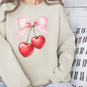 Heart Cherries Crewneck Sweatshirt, Womenswear Valentine's Day Soft Printed Sweatshirt, Cozy Love Day Oversized Top