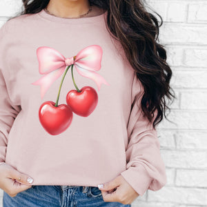 Heart Cherries Crewneck Sweatshirt, Womenswear Valentine's Day Soft Printed Sweatshirt, Cozy Love Day Oversized Top