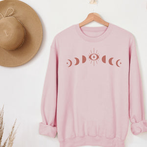 Moon Phases in Dusty Pink Sweatshirt, Womenswear Soft Printed Crewneck, Booklover Trendy Cozy Oversized Top