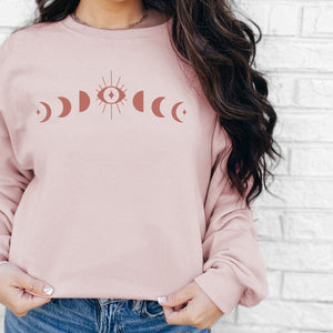 Moon Phases in Dusty Pink Sweatshirt, Womenswear Soft Printed Crewneck, Booklover Trendy Cozy Oversized Top