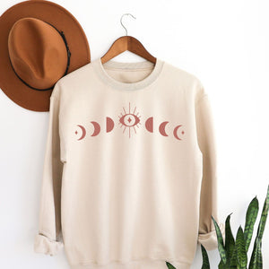 Moon Phases in Dusty Pink Sweatshirt, Womenswear Soft Printed Crewneck, Booklover Trendy Cozy Oversized Top