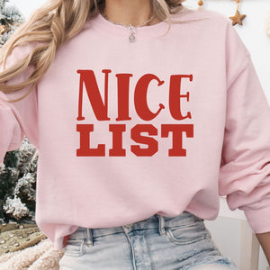 Nice List Christmas Crewneck Sweatshirt, Womenswear Soft Printed Sweatshirt, Cozy Holiday Oversized Top