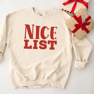 Nice List Christmas Crewneck Sweatshirt, Womenswear Soft Printed Sweatshirt, Cozy Holiday Oversized Top