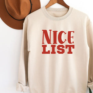 Nice List Christmas Crewneck Sweatshirt, Womenswear Soft Printed Sweatshirt, Cozy Holiday Oversized Top