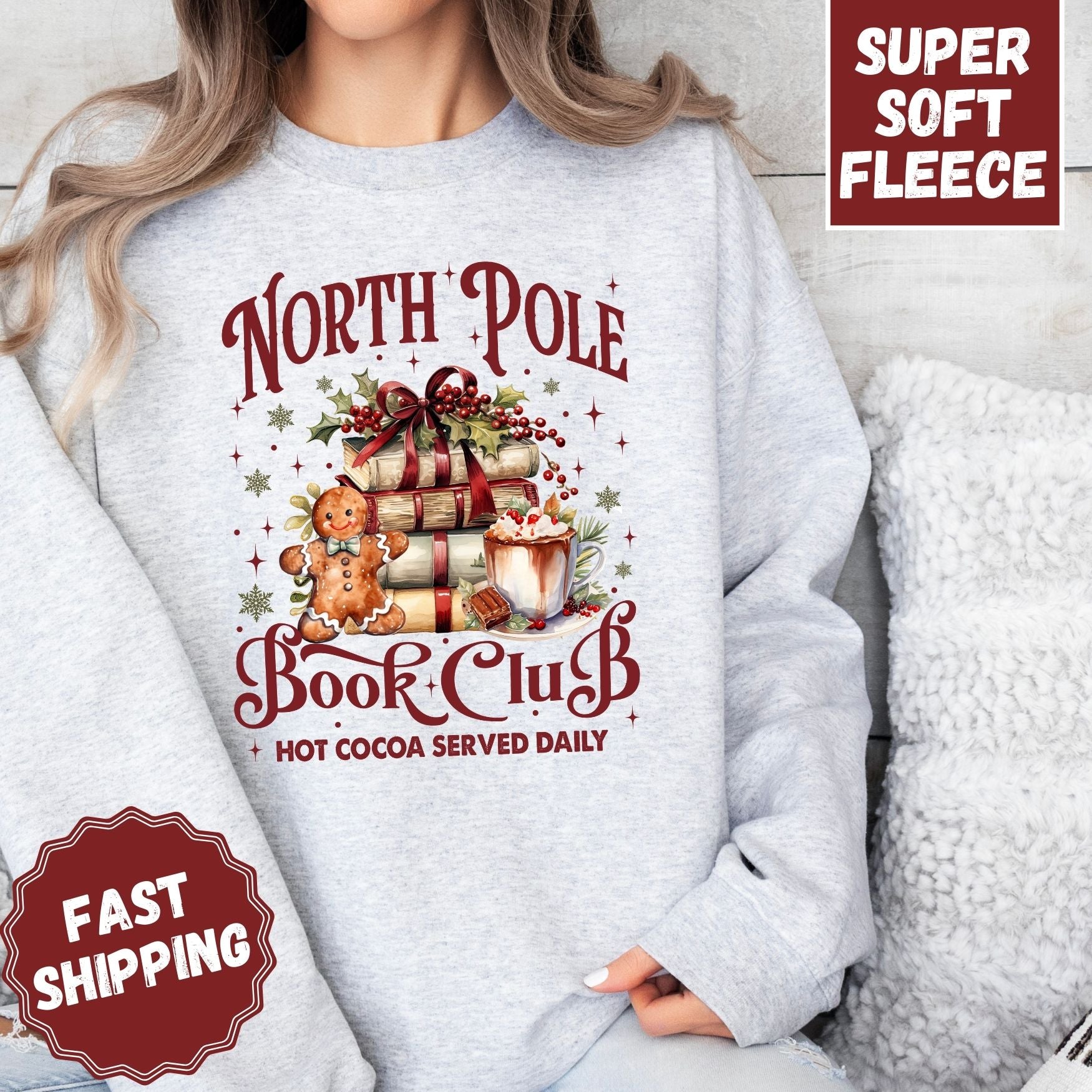 North Pole Book Club Crewneck Sweatshirt, Womenswear Christmas Soft Printed Sweatshirt, Cozy Holiday Oversized Top