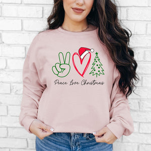 Peace Love and Christmas Crewneck Sweatshirt, Womenswear Soft Printed Sweatshirt, Cozy Holiday Oversized Top