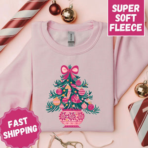 Pink Christmas Tree Crewneck Sweatshirt, Womenswear Christmas Soft Printed Sweatshirt, Cozy Holiday Oversized Top