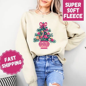 Pink Christmas Tree Crewneck Sweatshirt, Womenswear Christmas Soft Printed Sweatshirt, Cozy Holiday Oversized Top