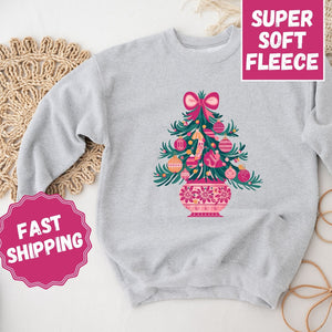 Pink Christmas Tree Crewneck Sweatshirt, Womenswear Christmas Soft Printed Sweatshirt, Cozy Holiday Oversized Top