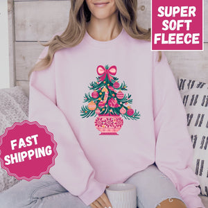 Pink Christmas Tree Crewneck Sweatshirt, Womenswear Christmas Soft Printed Sweatshirt, Cozy Holiday Oversized Top