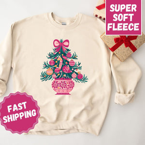 Pink Christmas Tree Crewneck Sweatshirt, Womenswear Christmas Soft Printed Sweatshirt, Cozy Holiday Oversized Top