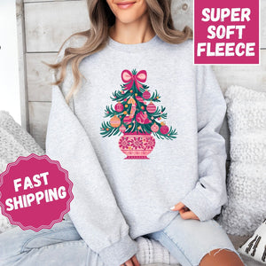 Pink Christmas Tree Crewneck Sweatshirt, Womenswear Christmas Soft Printed Sweatshirt, Cozy Holiday Oversized Top