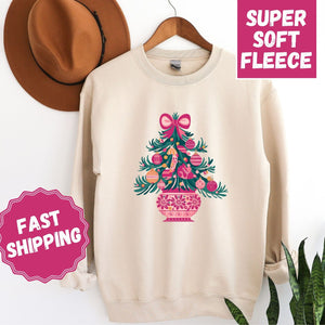 Pink Christmas Tree Crewneck Sweatshirt, Womenswear Christmas Soft Printed Sweatshirt, Cozy Holiday Oversized Top