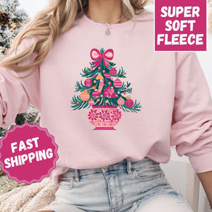 Pink Christmas Tree Crewneck Sweatshirt, Womenswear Christmas Soft Printed Sweatshirt, Cozy Holiday Oversized Top